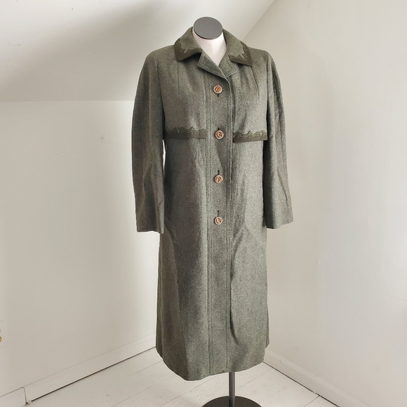 Bavarian Loden Forest Fairy Moss Green Wool Trench Coat - Picture 3 of 12
